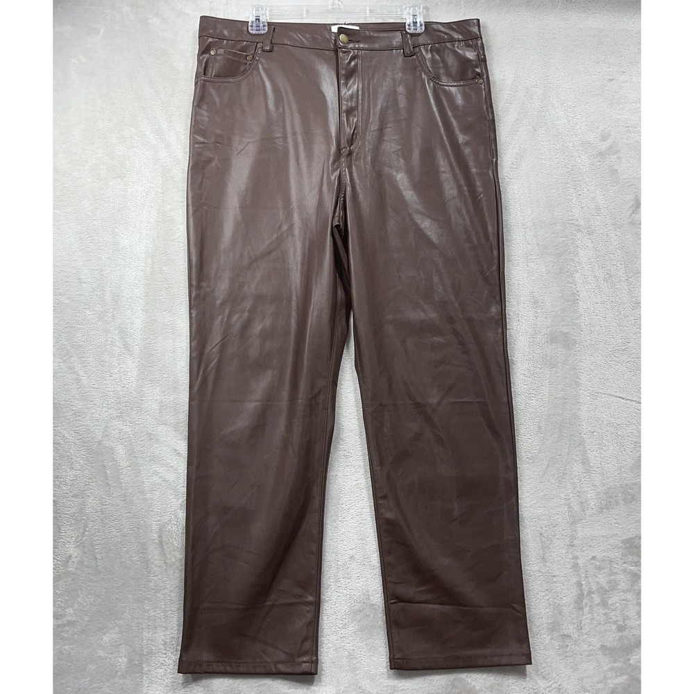 Red Star Pants Womens 14/32 Brown Faux Leather Straight Leg‎ Fleece Lined